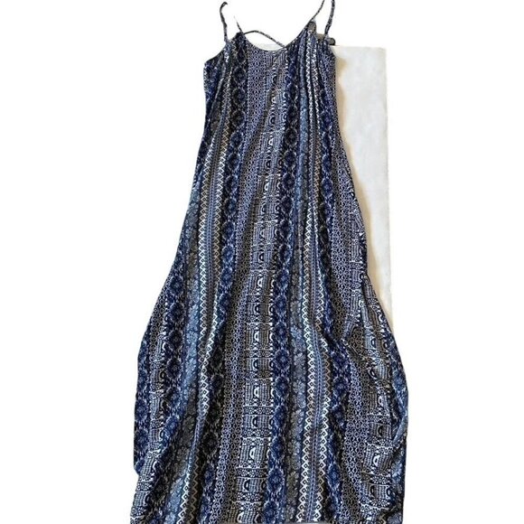 Honolua Wahine Sz Med Maxi Dress Blue White Native Print Side Splits - Picture 8 of 9